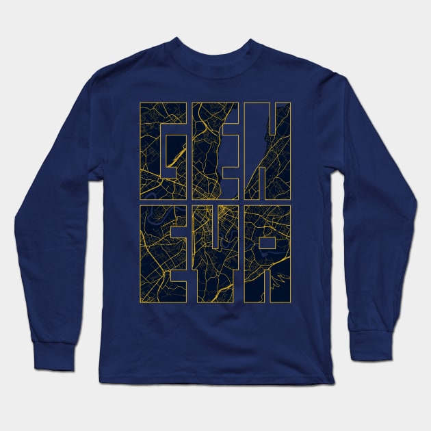 Geneva, Switzerland City Map Typography - Gold Art Deco Long Sleeve T-Shirt by deMAP Studio